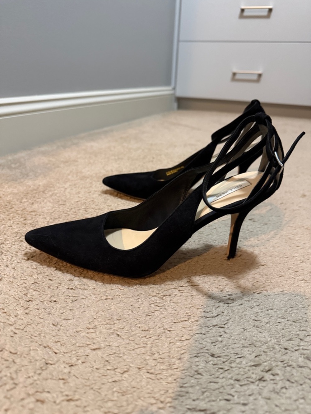Cole Haan Black Suede Pointed-Toe Lace-Up Heels